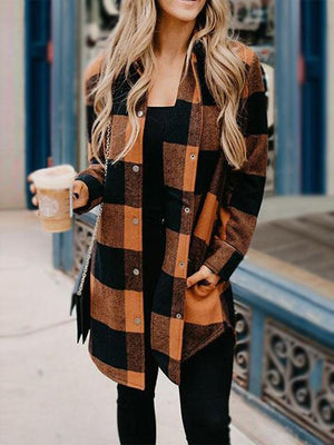 Buttons Up Plaid Print Long Coat