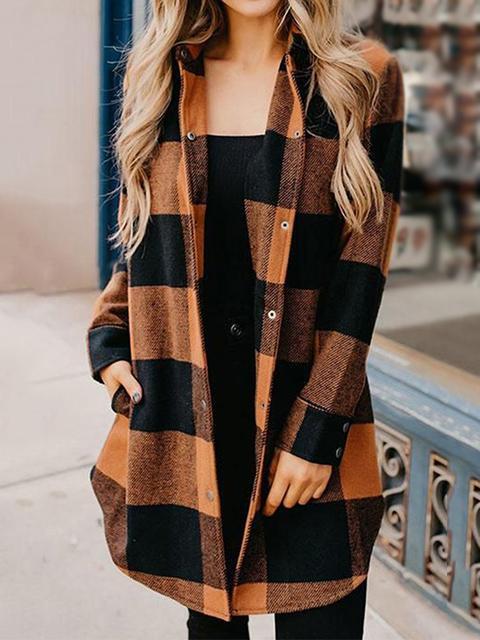 Buttons Up Plaid Print Long Coat