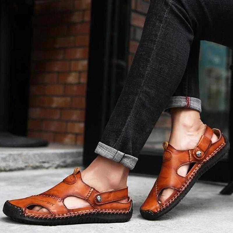 Men Hand Stitching Soft Outdoor Closed Toe Leather Sandals