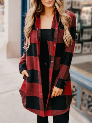 Buttons Up Plaid Print Long Coat