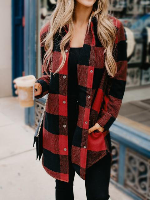 Buttons Up Plaid Print Long Coat